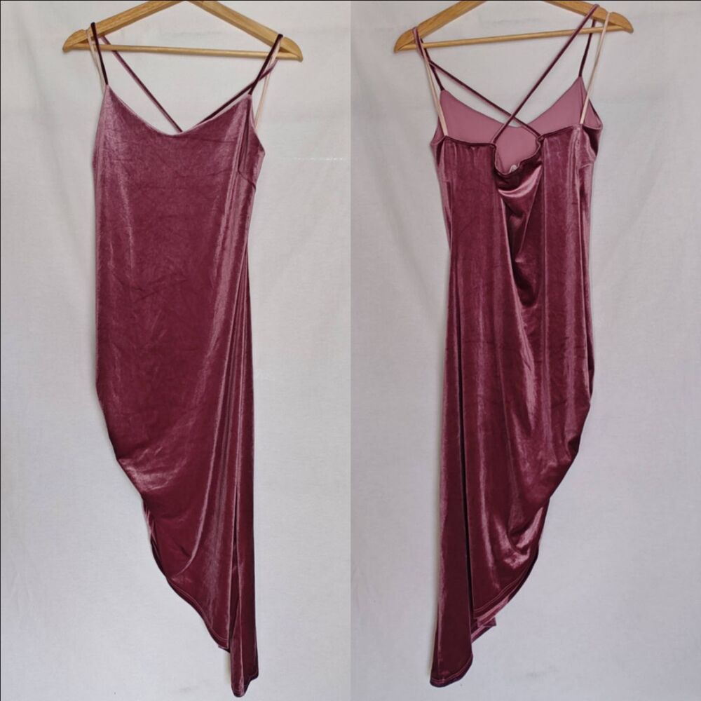 Miley + Molly Dress‎ Crushed Velvet Asymmetrical Bodycon Mauve Pink Purple L